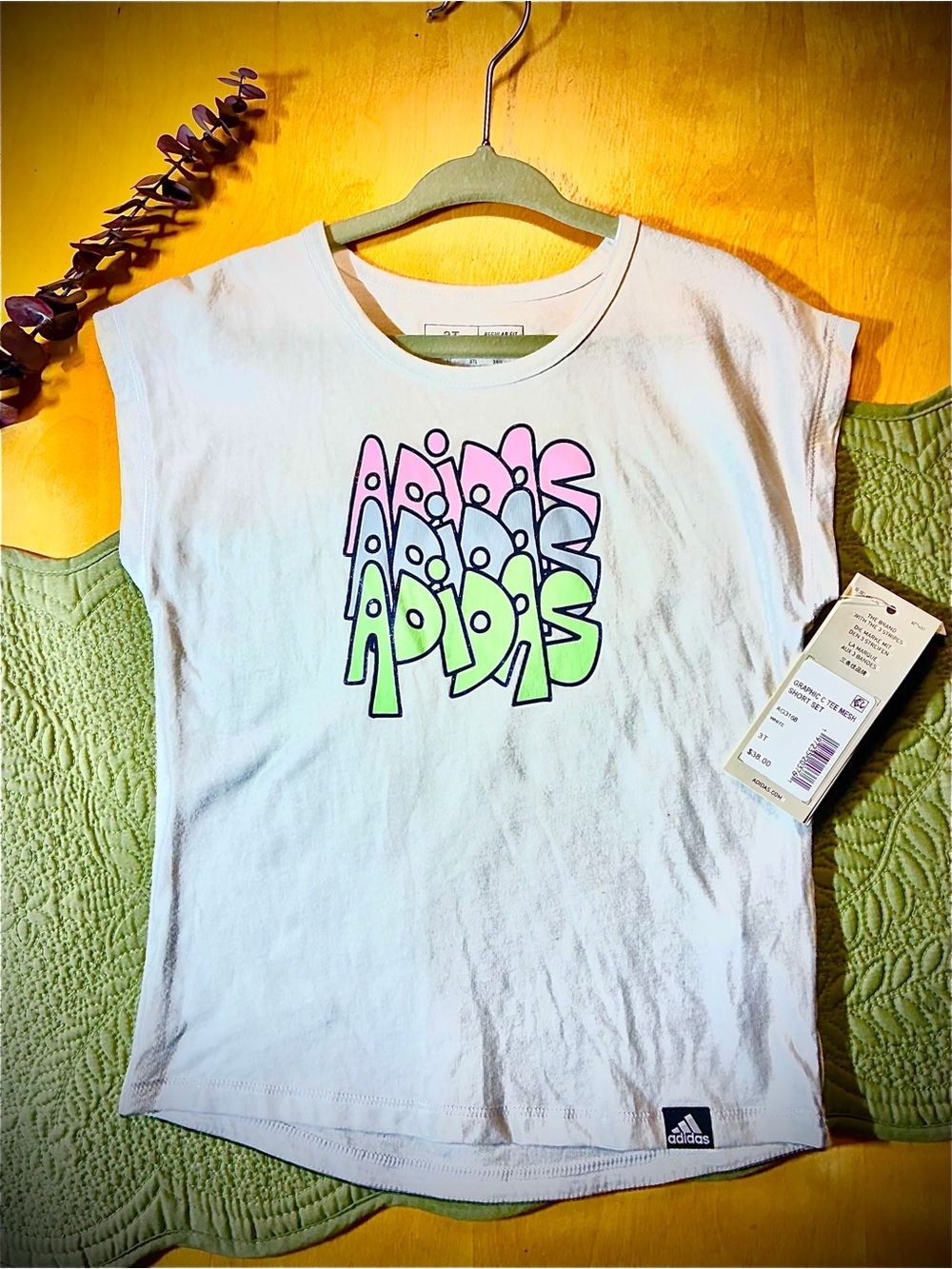 adidas White Tee with Pink & Lime Green Bubble Graphic